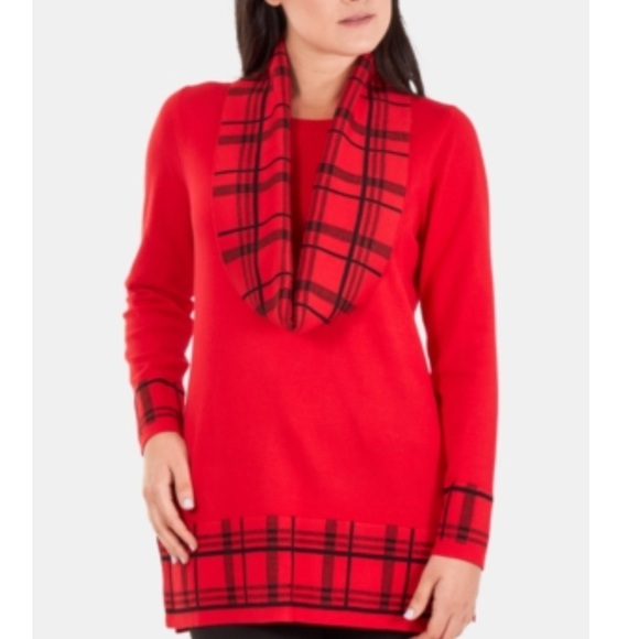 NY Collection Sweaters - NY Collection Ny Collection Contrast Plaid-Print Tunic Sweater with scarf 🧣